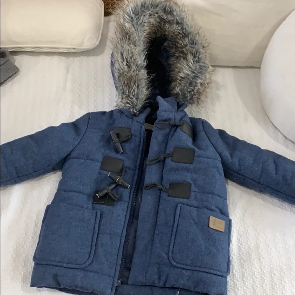 Young boys jacket with hood blue and faux fur